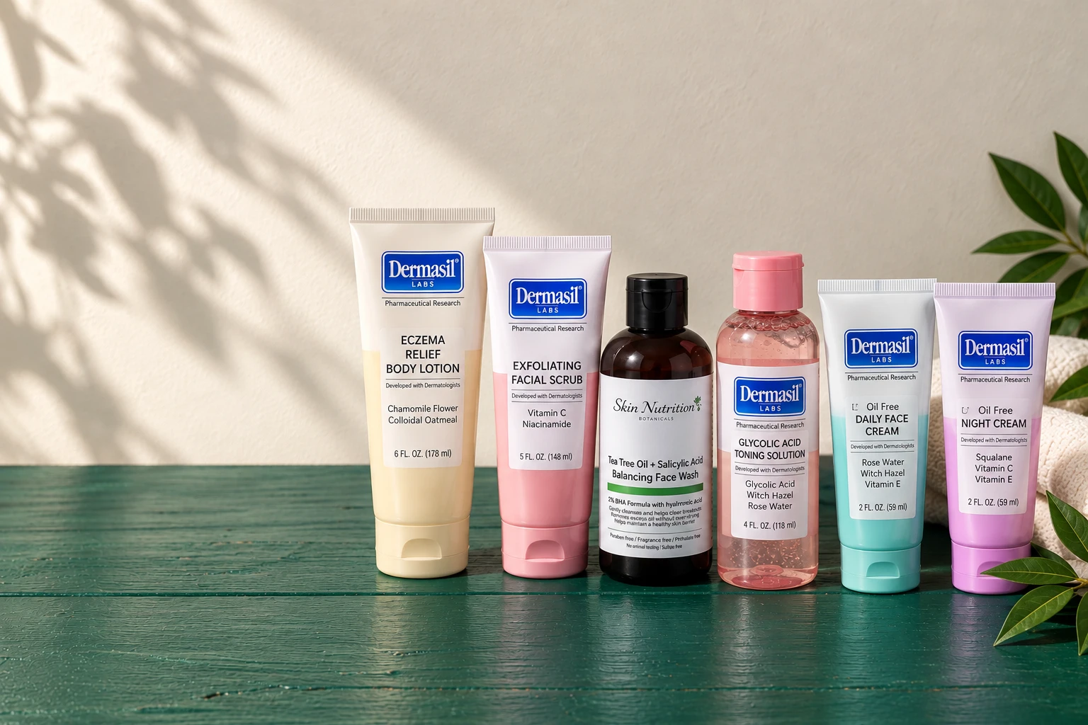 Six soins Dermasil et Skin Nutrition sur une table verte