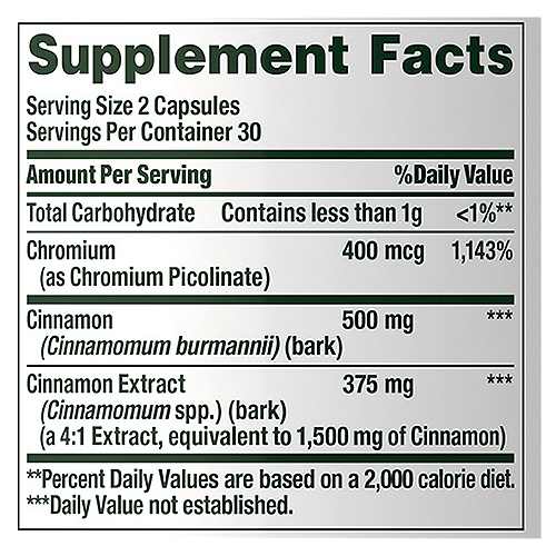 Nature's Bounty Cinnamon Plus Chromium Dietary Supplement, 2000 mg, 60 count