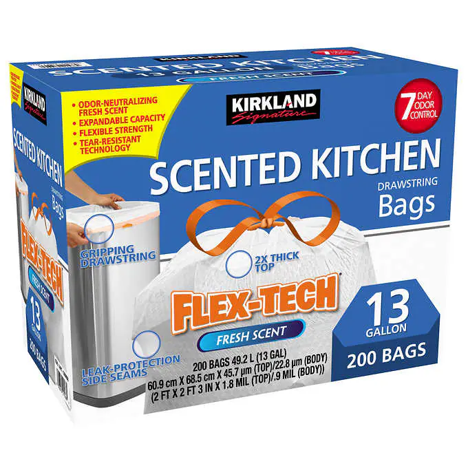 Kirkland Signature Flex-Tech 13-Gallon Scented Kitchen Trash Bags, 200-count