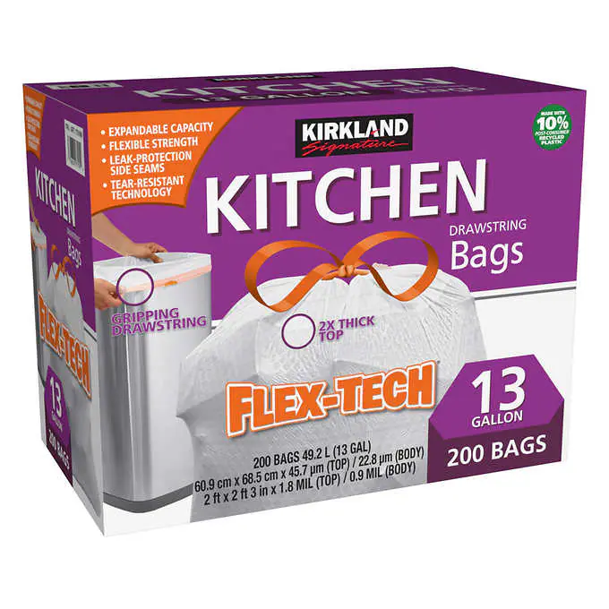 Kirkland Signature Flex-Tech 13-Gallon Kitchen Trash Bag, 200-count