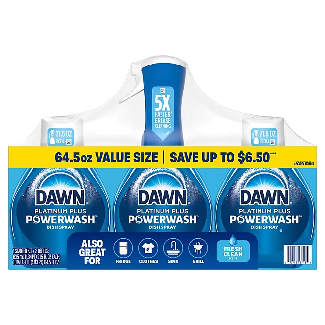 Dawn Platinum Powerwash Dish Spray Bottle Set, Fresh Scent, 1 Spray Bottle + 2 Refills, 64.5 fl. oz. (1.90l)