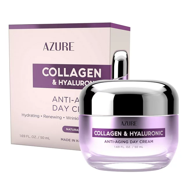 AZURE Collagen & Hyaluronic Acid Anti Aging Day Cream - Renewing, Toning & Hydrating Face Moisturizer - Reduces Wrinkles, Creases & Fine Lines - Locks in Moisture - Skin Care Made in Korea - 50mL