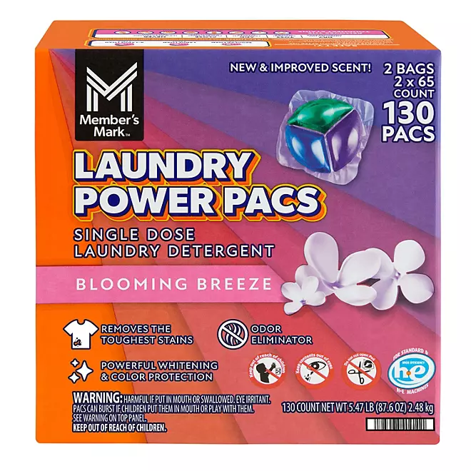 Member's Mark Laundry Detergent Power Pacs/Pods, Blooming Breeze, 130 ct.
