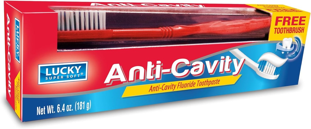 Lucky Super Soft - Anti-Cavity Fluoride Toothpaste - 3.5oz/99g + Free Toothbrush Red