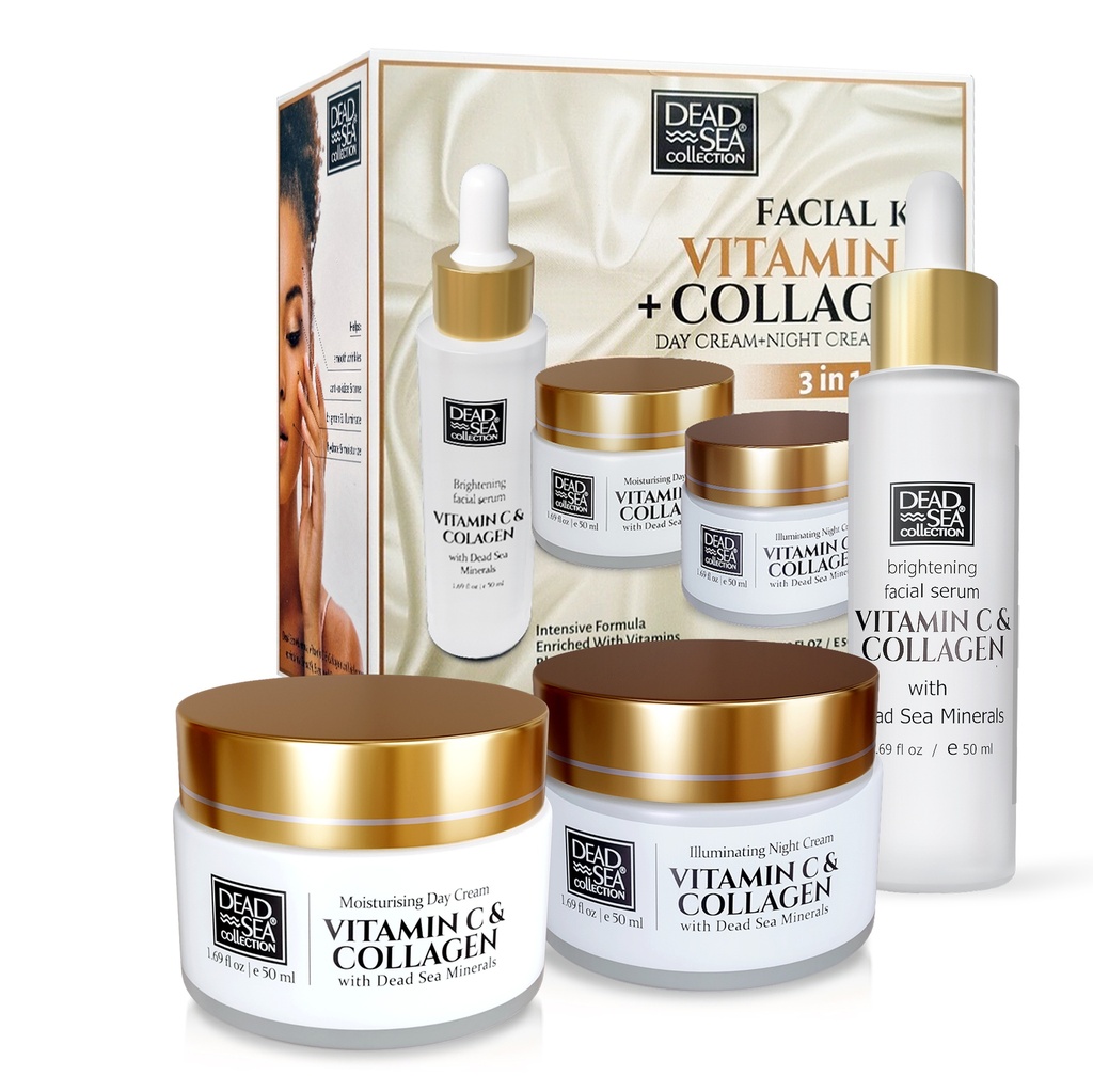 Dead Sea Collection Facial Kit Vitamin C + Collagen Day and Night Cream+ serum - 3 in 1 (3x1.69 fl.oz) 