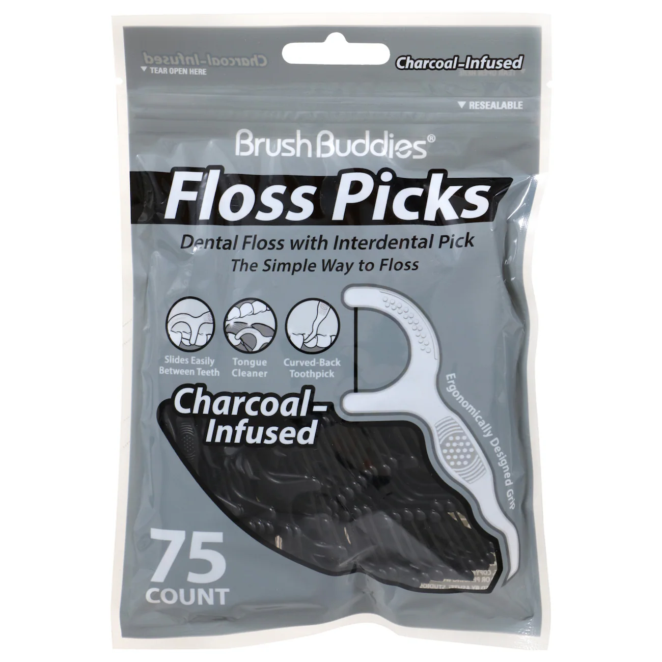 Brush Buddies Charcoal-Infused Floss Picks, 75-ct. Bags