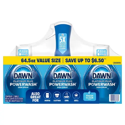 Dawn Platinum Powerwash Dish Spray Bottle Set, Fresh Scent, 1 Spray Bottle + 2 Refills, 64.5 fl. oz. (1.90l)