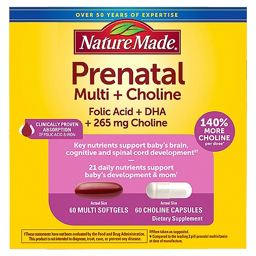 Nature Made Prenatal Multi + Choline 60 Softgels/60 Capsules, 