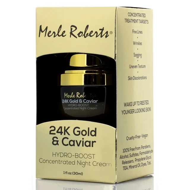 Merle Roberts 24k Gold and Caviar Concentrated Night Cream Intensely Hydrating Anti-Aging Night Cream for Face Reduces Wrinkles, Fine Lines, and Expression Lines. Face Night Cream, 1 oz.